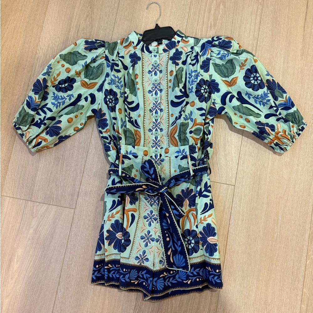 FARM Rio Green and Blue Floral Romper